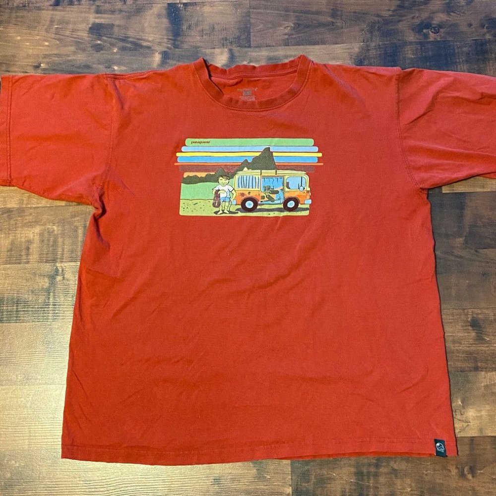 Patagonia Beneficial T-Shirt Red Short Sleeve Adventure Man With Van Graphic Tee